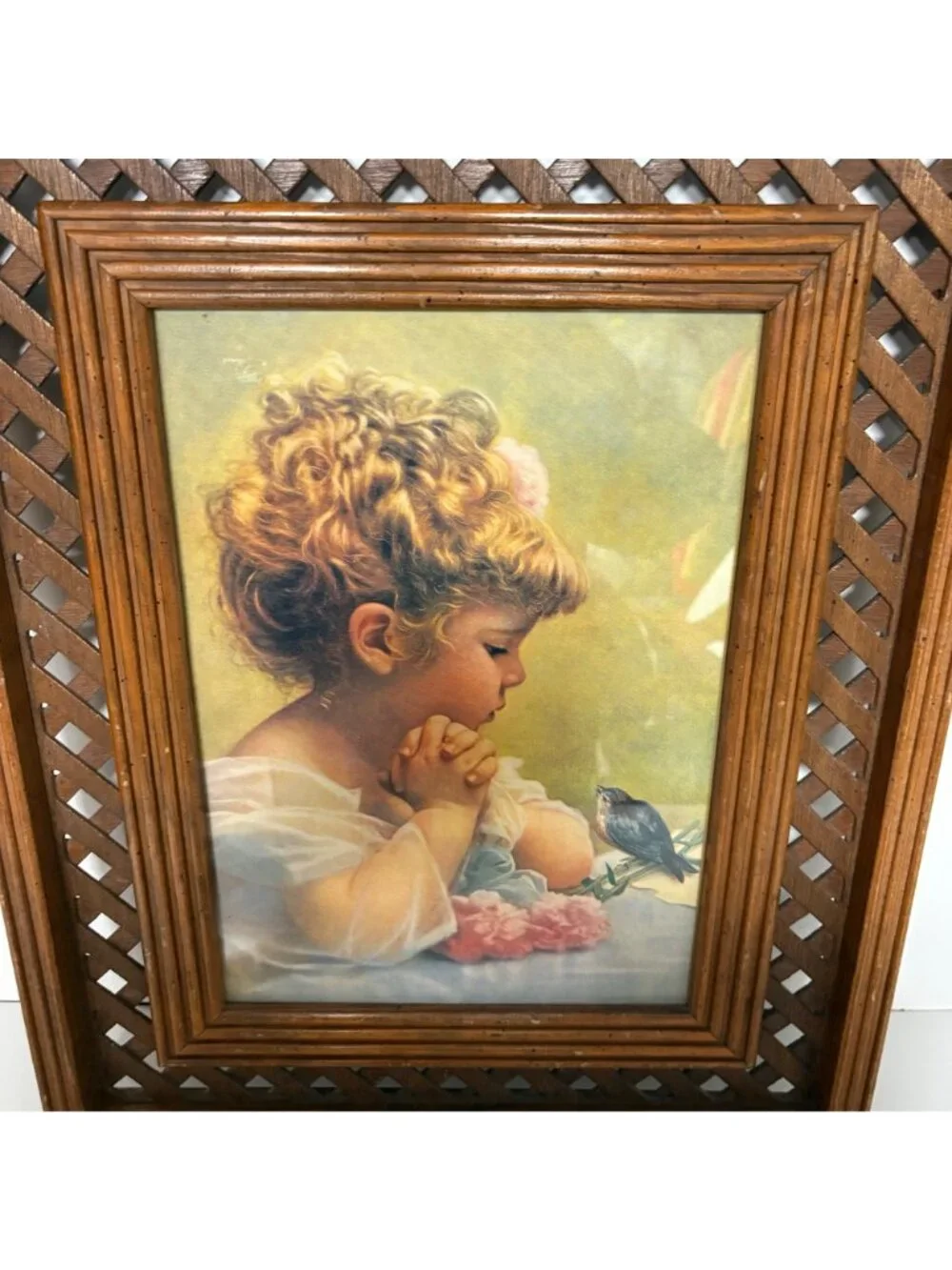 Vintage Praying Child Bird Print Wood Lattice Frame Religious Spring Wall Art